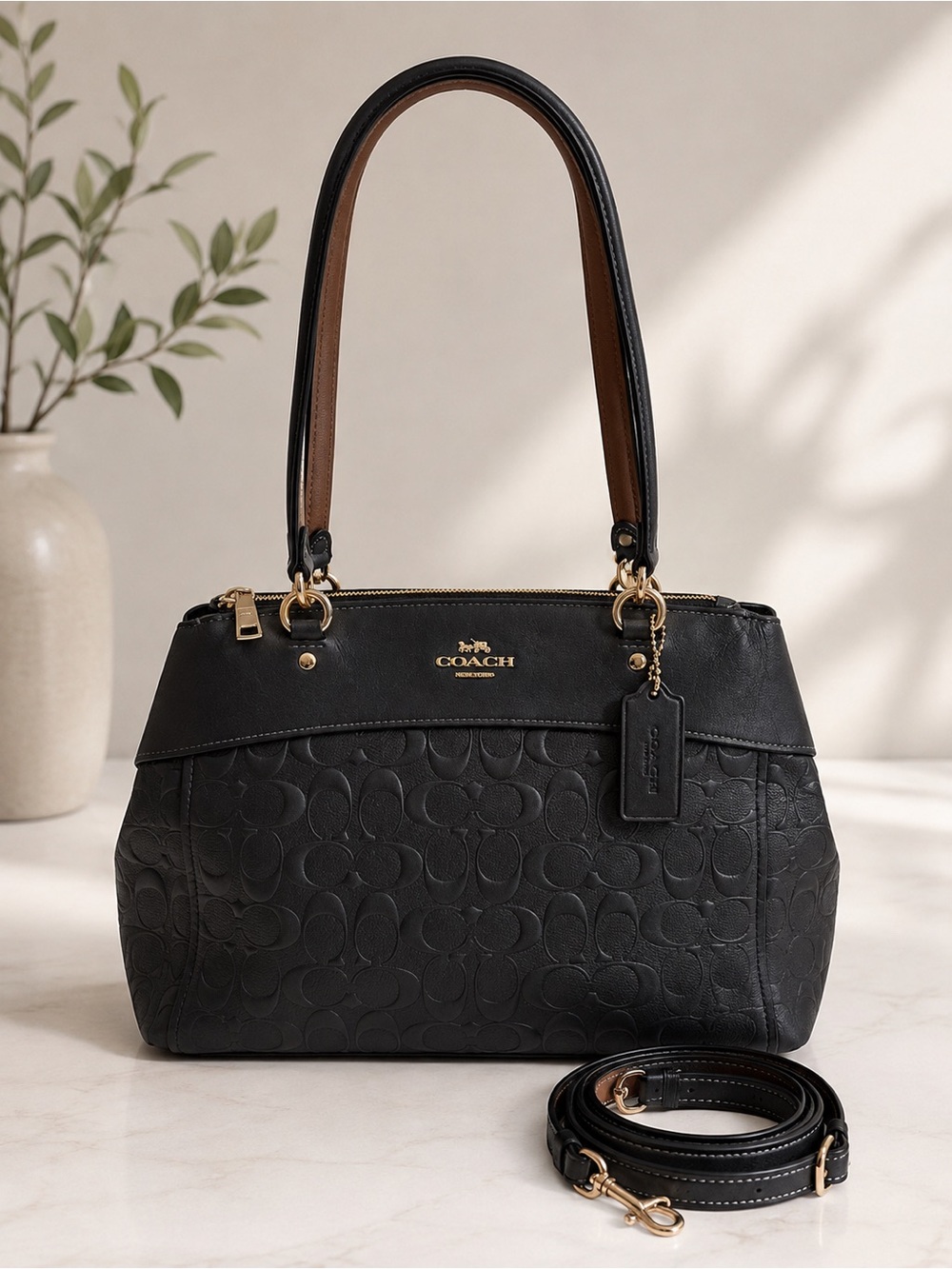 Coach Black Signature Embossed Leather Shoulder Bag with Gold Hardware